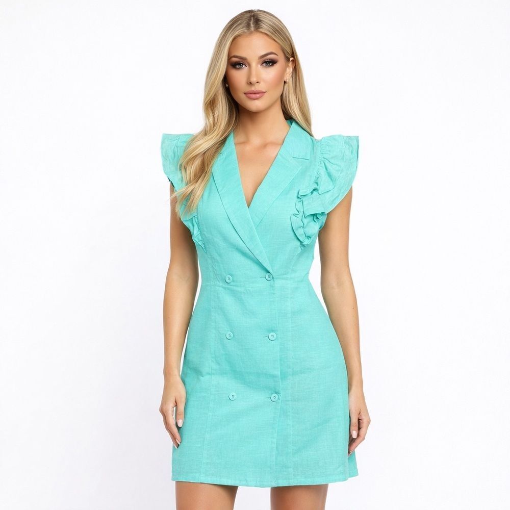 Strut & Bolt Turquoise Linen Blend Mini Dress Size S Ruffle Sleeve Blazer Style